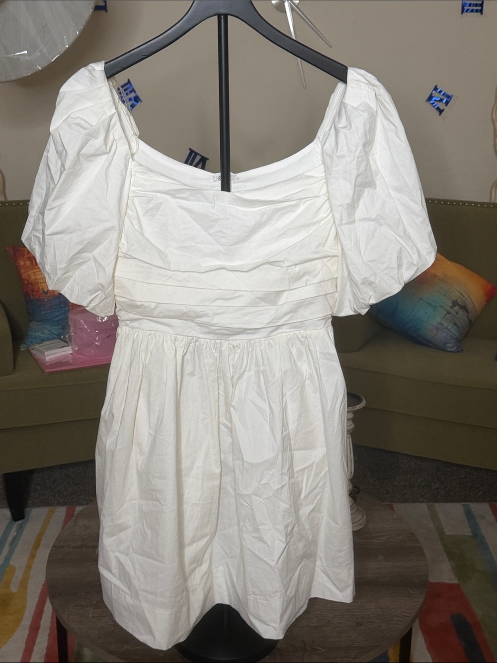 White Puff-Sleeve Square Neck Mini Dress - Classic Feminine Style